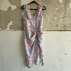 Romantic Floral Ruched Midi Dress Sleeveless Watercolor Knotted Strap‎ Size M